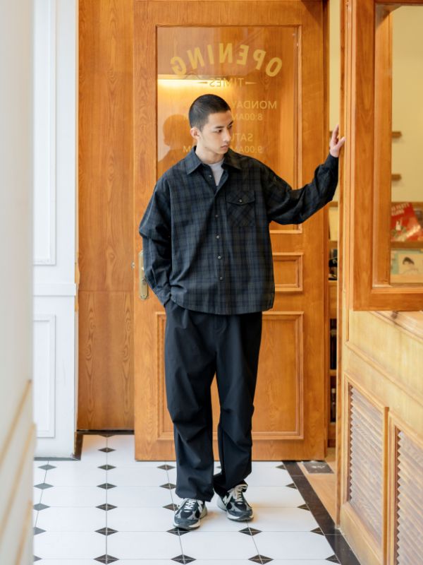 100%綿 ダークインディゴ 格子柄シャツ カジュアル