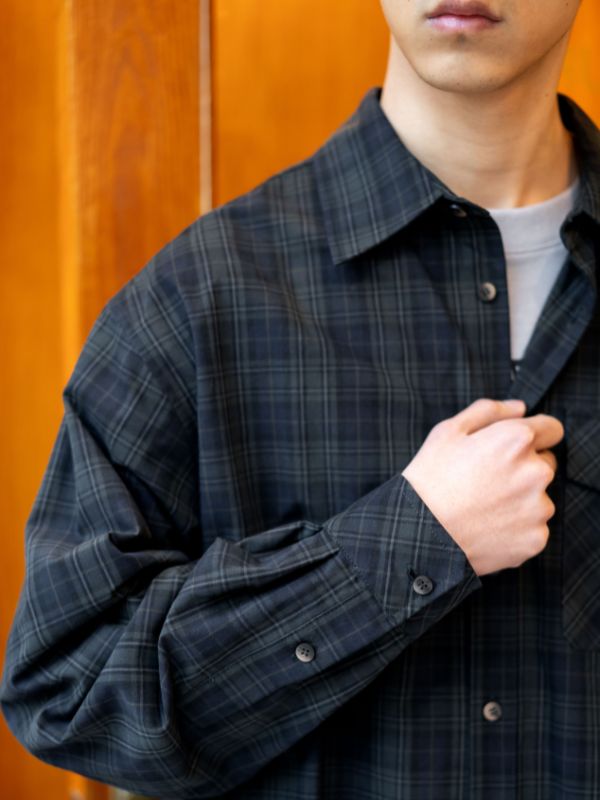 100%綿 ダークインディゴ 格子柄シャツ カジュアル