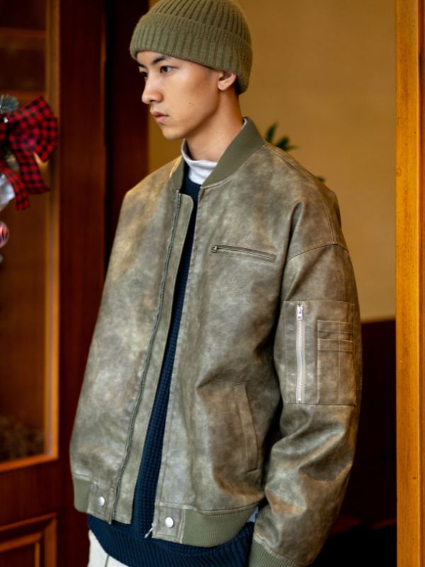 斑模様フェイクレザージャケット メンズ アウター 秋冬