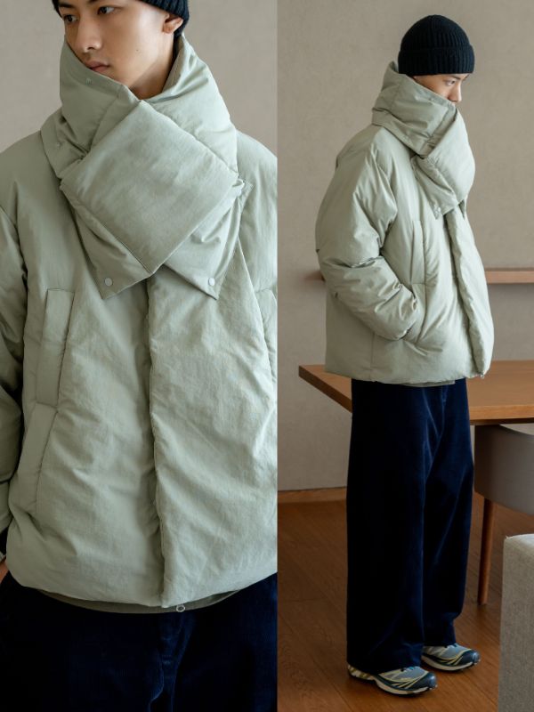 取り外し可能なスカーフ付きナイロン中綿ジャケット メンズ レディース 防風 暖かい