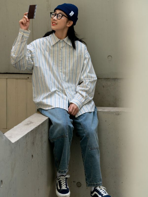 Soranetex オーバーサイズシャツ グリーン メンズ カジュアル コーディネート例