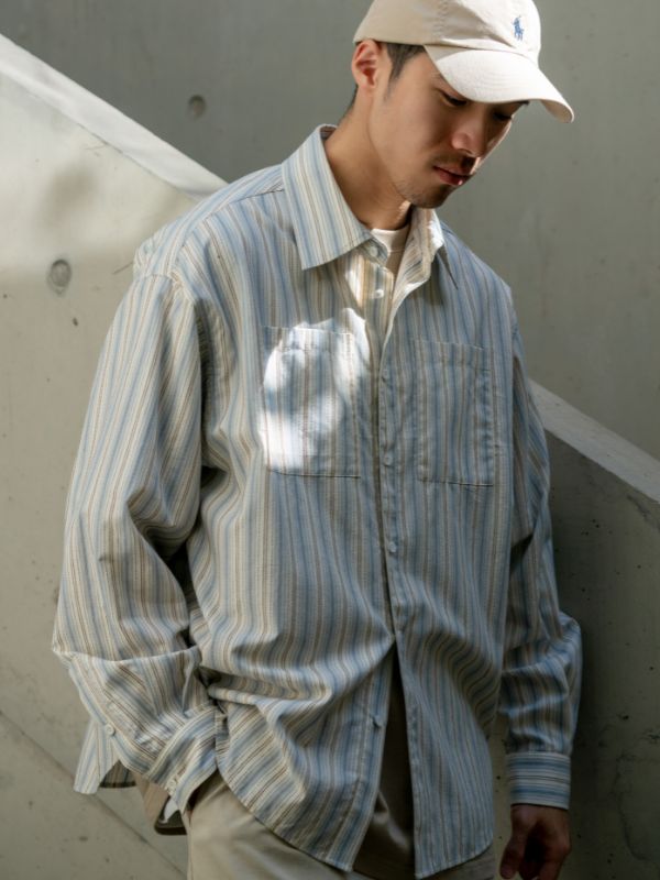 Soranetex オーバーサイズシャツ ネイビー メンズ カジュアル コーディネート例