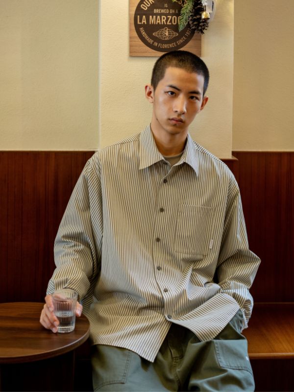 Soranetex オーバーサイズシャツ グリーン メンズ カジュアル コーディネート例